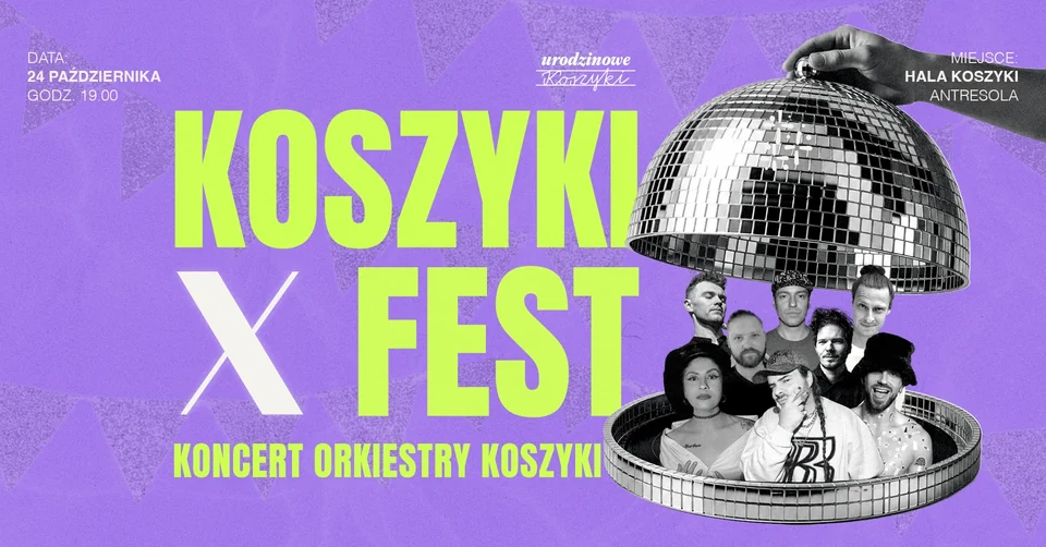Plakat Koncert Orkiestry Koszyki: muzycy pod uniesionym lustrzanym kloszem. 24 października, Hala Koszyki, antresola.
